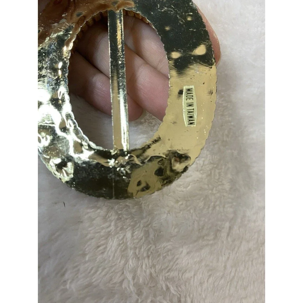 VTG 80s, 90s Plastic Gold Tone Oval Belt Buckle with Multi-Color Faux Gemstones